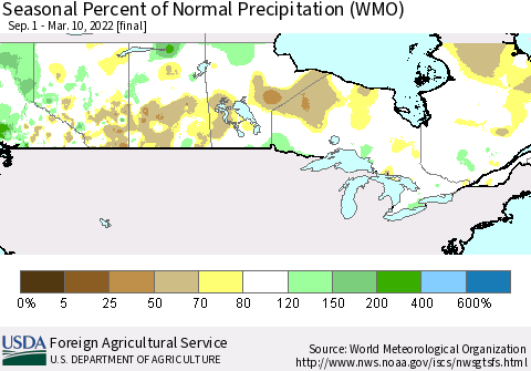 Canada Seasonal Percent of Normal Precipitation (WMO) Thematic Map For 9/1/2021 - 3/10/2022