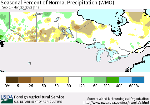 Canada Seasonal Percent of Normal Precipitation (WMO) Thematic Map For 9/1/2021 - 3/20/2022