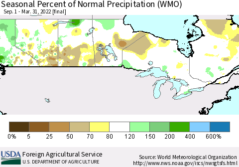 Canada Seasonal Percent of Normal Precipitation (WMO) Thematic Map For 9/1/2021 - 3/31/2022