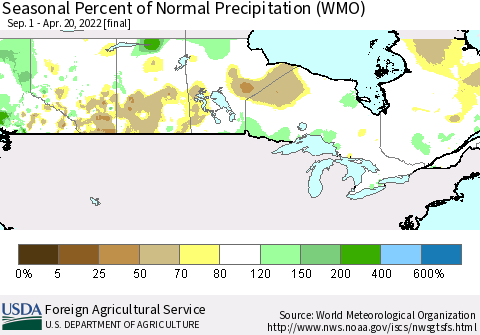 Canada Seasonal Percent of Normal Precipitation (WMO) Thematic Map For 9/1/2021 - 4/20/2022