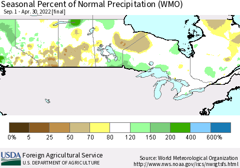 Canada Seasonal Percent of Normal Precipitation (WMO) Thematic Map For 9/1/2021 - 4/30/2022