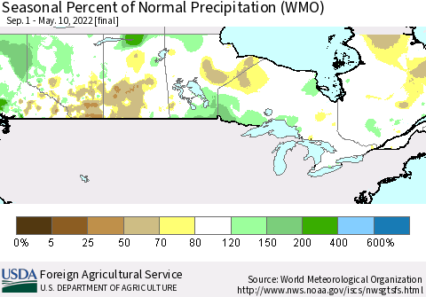 Canada Seasonal Percent of Normal Precipitation (WMO) Thematic Map For 9/1/2021 - 5/10/2022