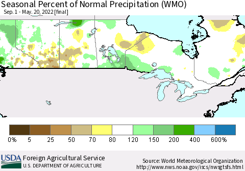 Canada Seasonal Percent of Normal Precipitation (WMO) Thematic Map For 9/1/2021 - 5/20/2022