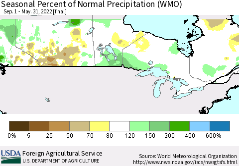 Canada Seasonal Percent of Normal Precipitation (WMO) Thematic Map For 9/1/2021 - 5/31/2022