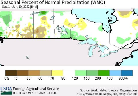Canada Seasonal Percent of Normal Precipitation (WMO) Thematic Map For 9/1/2021 - 6/10/2022