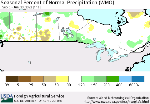 Canada Seasonal Percent of Normal Precipitation (WMO) Thematic Map For 9/1/2021 - 6/20/2022