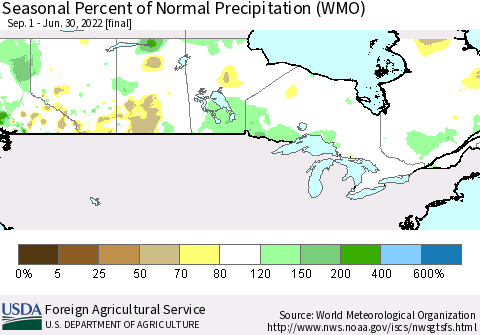 Canada Seasonal Percent of Normal Precipitation (WMO) Thematic Map For 9/1/2021 - 6/30/2022