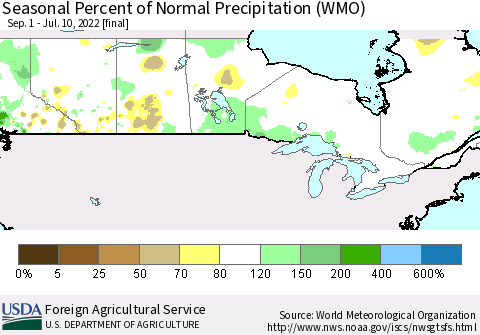 Canada Seasonal Percent of Normal Precipitation (WMO) Thematic Map For 9/1/2021 - 7/10/2022