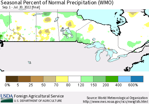 Canada Seasonal Percent of Normal Precipitation (WMO) Thematic Map For 9/1/2021 - 7/20/2022