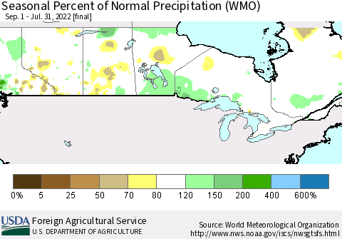 Canada Seasonal Percent of Normal Precipitation (WMO) Thematic Map For 9/1/2021 - 7/31/2022