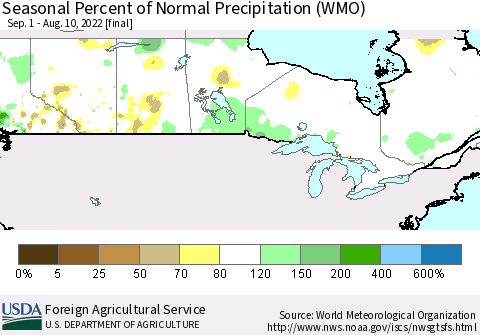 Canada Seasonal Percent of Normal Precipitation (WMO) Thematic Map For 9/1/2021 - 8/10/2022