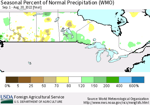 Canada Seasonal Percent of Normal Precipitation (WMO) Thematic Map For 9/1/2021 - 8/20/2022