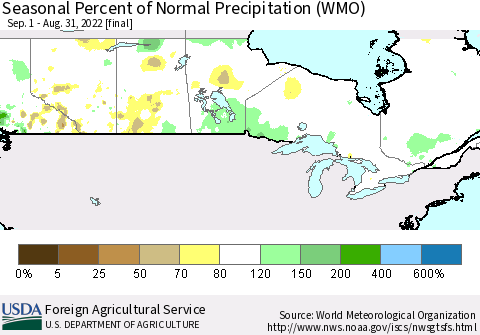 Canada Seasonal Percent of Normal Precipitation (WMO) Thematic Map For 9/1/2021 - 8/31/2022