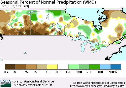 Canada Seasonal Percent of Normal Precipitation (WMO) Thematic Map For 9/1/2021 - 9/10/2021