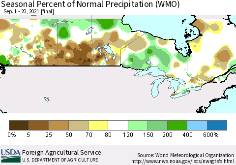 Canada Seasonal Percent of Normal Precipitation (WMO) Thematic Map For 9/1/2021 - 9/20/2021