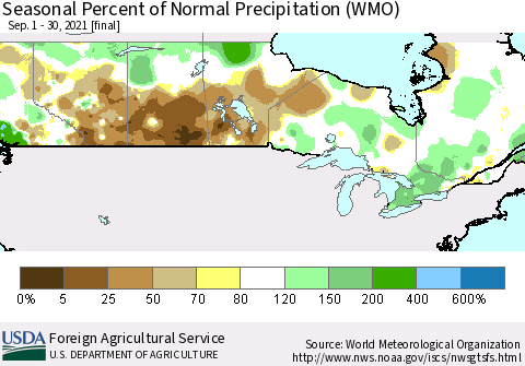 Canada Seasonal Percent of Normal Precipitation (WMO) Thematic Map For 9/1/2021 - 9/30/2021