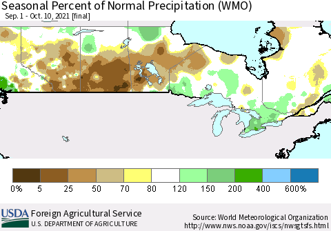 Canada Seasonal Percent of Normal Precipitation (WMO) Thematic Map For 9/1/2021 - 10/10/2021
