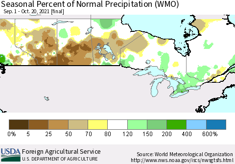 Canada Seasonal Percent of Normal Precipitation (WMO) Thematic Map For 9/1/2021 - 10/20/2021
