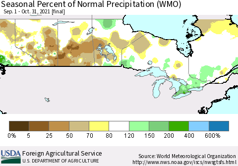 Canada Seasonal Percent of Normal Precipitation (WMO) Thematic Map For 9/1/2021 - 10/31/2021