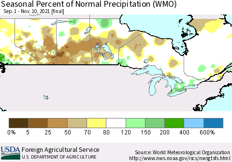 Canada Seasonal Percent of Normal Precipitation (WMO) Thematic Map For 9/1/2021 - 11/10/2021