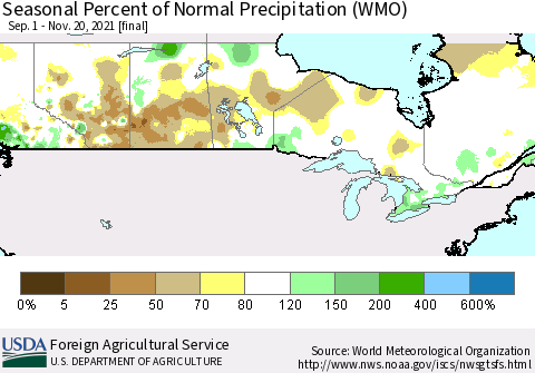 Canada Seasonal Percent of Normal Precipitation (WMO) Thematic Map For 9/1/2021 - 11/20/2021