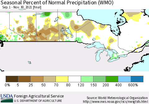 Canada Seasonal Percent of Normal Precipitation (WMO) Thematic Map For 9/1/2021 - 11/30/2021