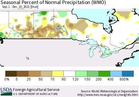 Canada Seasonal Percent of Normal Precipitation (WMO) Thematic Map For 9/1/2021 - 12/10/2021