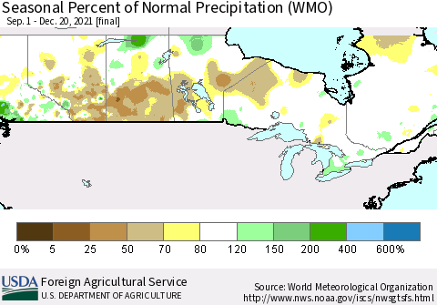 Canada Seasonal Percent of Normal Precipitation (WMO) Thematic Map For 9/1/2021 - 12/20/2021