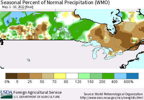 Canada Seasonal Percent of Normal Precipitation (WMO) Thematic Map For 5/1/2022 - 5/10/2022