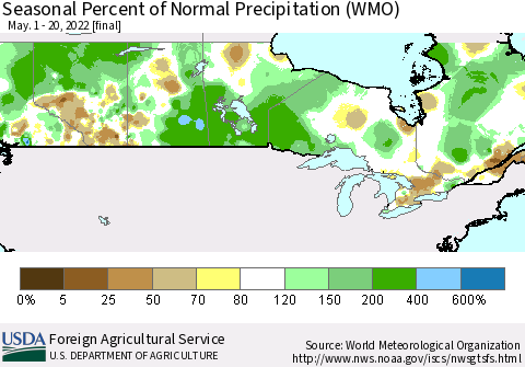 Canada Seasonal Percent of Normal Precipitation (WMO) Thematic Map For 5/1/2022 - 5/20/2022