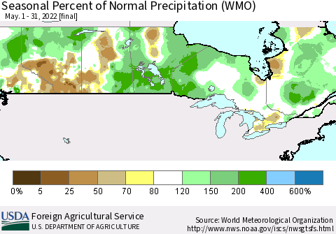 Canada Seasonal Percent of Normal Precipitation (WMO) Thematic Map For 5/1/2022 - 5/31/2022