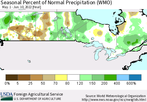 Canada Seasonal Percent of Normal Precipitation (WMO) Thematic Map For 5/1/2022 - 6/10/2022