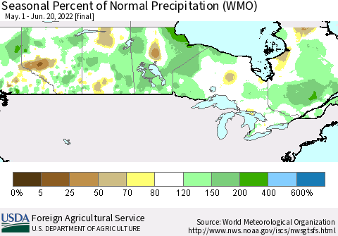 Canada Seasonal Percent of Normal Precipitation (WMO) Thematic Map For 5/1/2022 - 6/20/2022