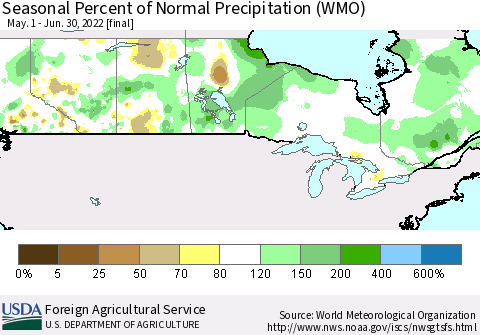 Canada Seasonal Percent of Normal Precipitation (WMO) Thematic Map For 5/1/2022 - 6/30/2022