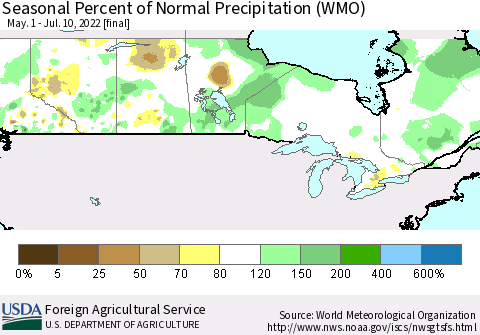 Canada Seasonal Percent of Normal Precipitation (WMO) Thematic Map For 5/1/2022 - 7/10/2022