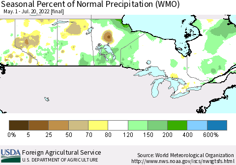 Canada Seasonal Percent of Normal Precipitation (WMO) Thematic Map For 5/1/2022 - 7/20/2022