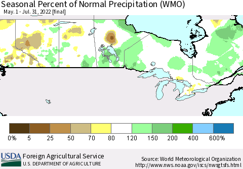Canada Seasonal Percent of Normal Precipitation (WMO) Thematic Map For 5/1/2022 - 7/31/2022