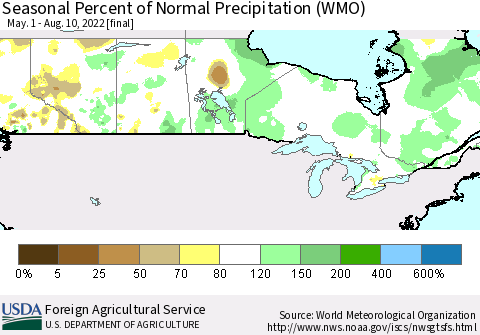 Canada Seasonal Percent of Normal Precipitation (WMO) Thematic Map For 5/1/2022 - 8/10/2022