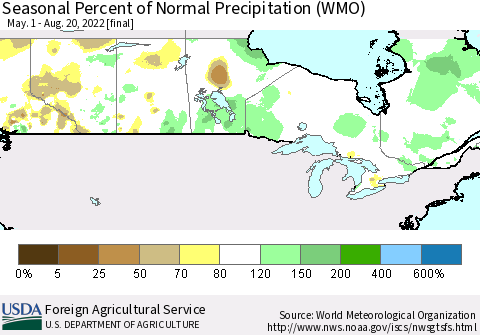 Canada Seasonal Percent of Normal Precipitation (WMO) Thematic Map For 5/1/2022 - 8/20/2022