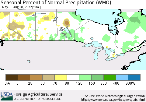 Canada Seasonal Percent of Normal Precipitation (WMO) Thematic Map For 5/1/2022 - 8/31/2022