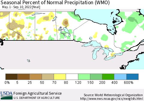 Canada Seasonal Percent of Normal Precipitation (WMO) Thematic Map For 5/1/2022 - 9/10/2022