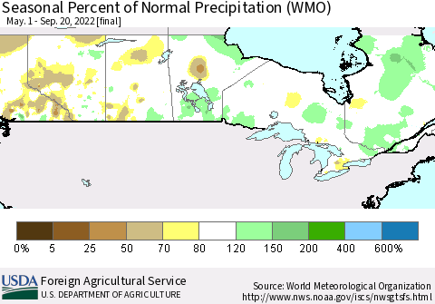 Canada Seasonal Percent of Normal Precipitation (WMO) Thematic Map For 5/1/2022 - 9/20/2022