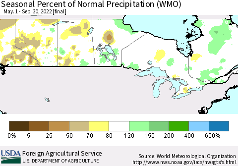 Canada Seasonal Percent of Normal Precipitation (WMO) Thematic Map For 5/1/2022 - 9/30/2022