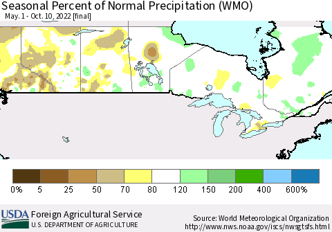 Canada Seasonal Percent of Normal Precipitation (WMO) Thematic Map For 5/1/2022 - 10/10/2022