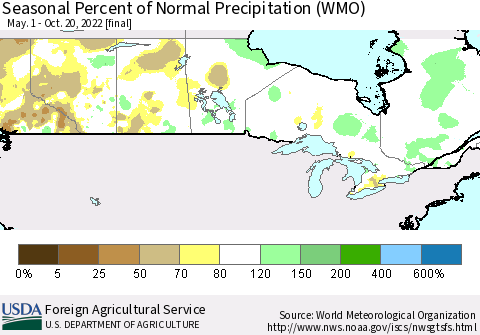 Canada Seasonal Percent of Normal Precipitation (WMO) Thematic Map For 5/1/2022 - 10/20/2022