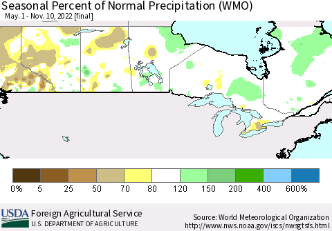 Canada Seasonal Percent of Normal Precipitation (WMO) Thematic Map For 5/1/2022 - 11/10/2022