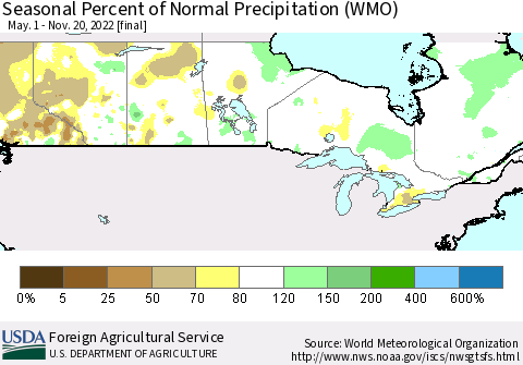 Canada Seasonal Percent of Normal Precipitation (WMO) Thematic Map For 5/1/2022 - 11/20/2022
