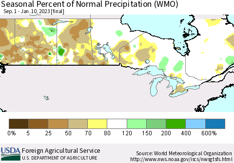 Canada Seasonal Percent of Normal Precipitation (WMO) Thematic Map For 9/1/2022 - 1/10/2023