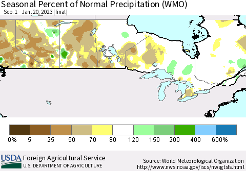 Canada Seasonal Percent of Normal Precipitation (WMO) Thematic Map For 9/1/2022 - 1/20/2023