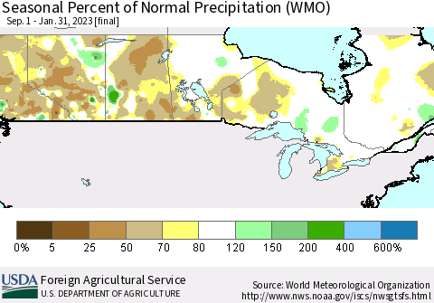 Canada Seasonal Percent of Normal Precipitation (WMO) Thematic Map For 9/1/2022 - 1/31/2023